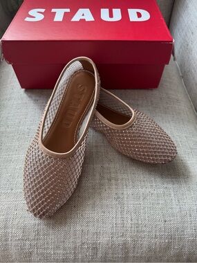 STAUD Alba Crystal-Embellished Mesh Ballet Flats in Blush Pink Size 8